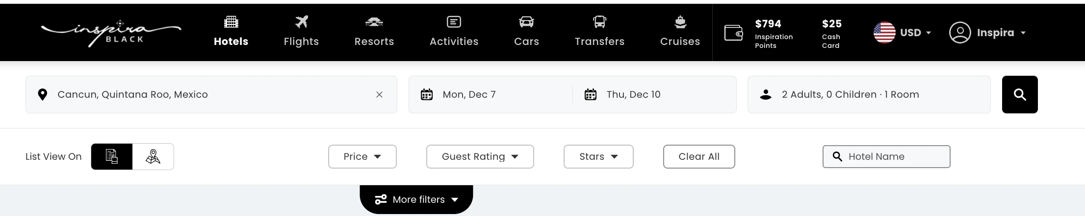Búsqueda: Cancún, 7 al 10 de diciembre, 2 adultos, 1 habitación